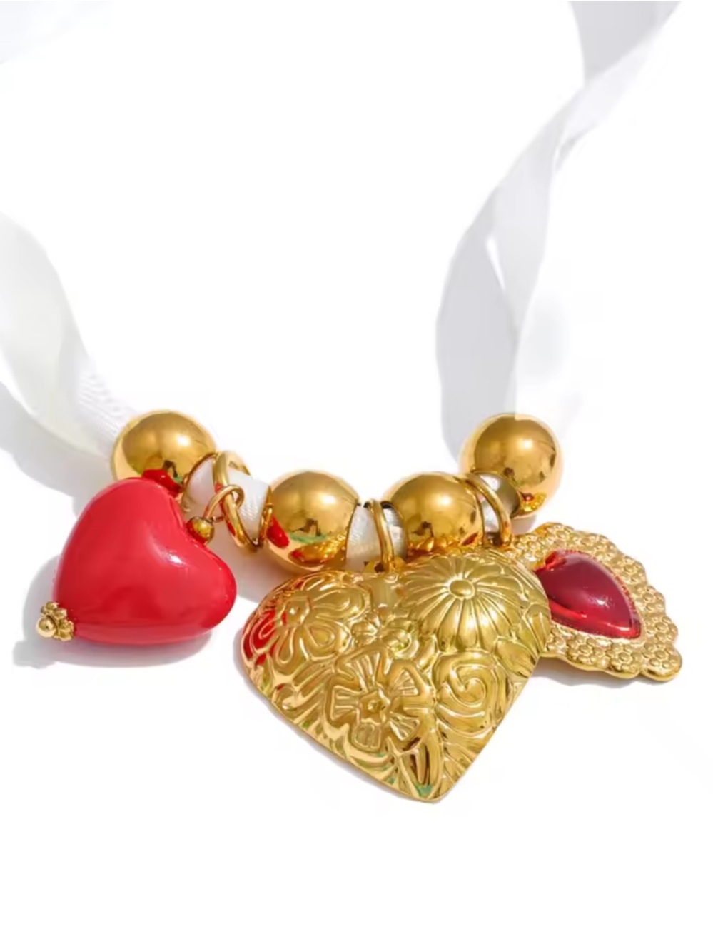 Gold Red Heart Charm Saten Cord Necklace